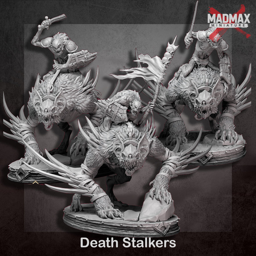 The image is a 3D rendering of a group of Death Stalkers, a fantasy creature with sharp teeth and claws, depicted in a dynamic fighting stance. The image is a 3D rendering of a group of Death Stalkers, a fantasy creature with sharp teeth and claws, depicted in a dynamic fighting stance.