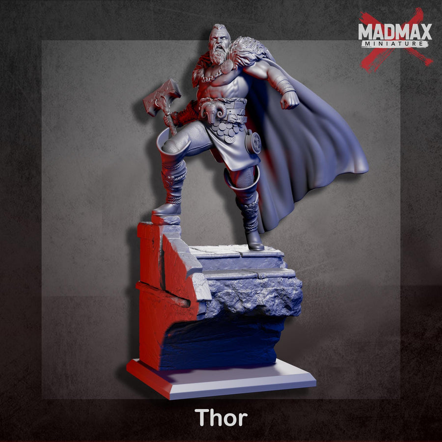 A 3D model of a warrior figure, specifically Thor, holding a hammer and standing in a fighting stance. A 3D model of a warrior figure, specifically Thor, holding a hammer and standing in a fighting stance.