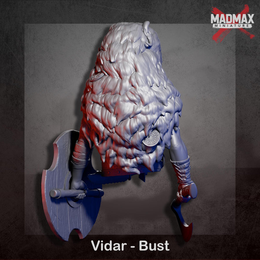 A 3D model of a warrior figure, specifically Vidar - Bust, holding a sword and shield. A 3D model of a warrior figure, specifically Vidar - Bust, holding a sword and shield.