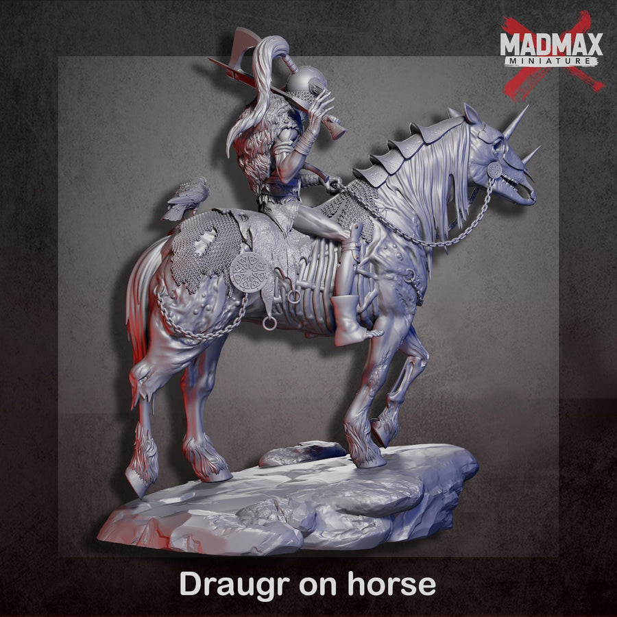 A 3D rendering of a knight on horseback, specifically a draugr on horse, which is a character from the MadMAX Miniatures series. A 3D rendering of a knight on horseback, specifically a draugr on horse, which is a character from the MadMAX Miniatures series.