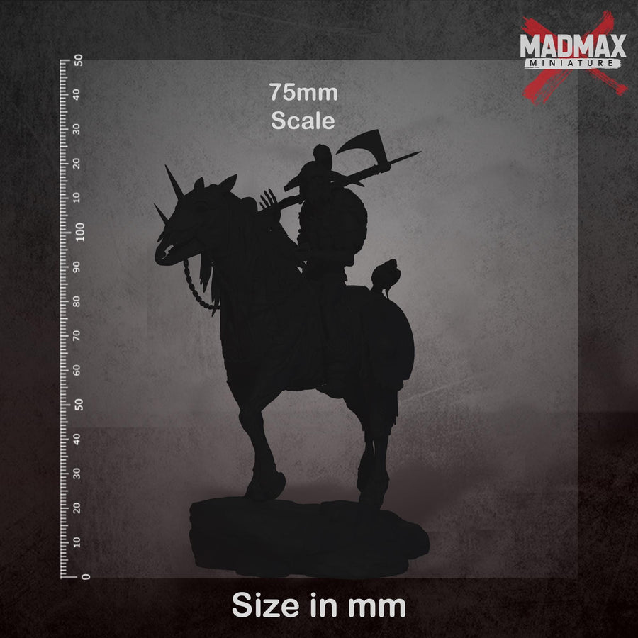 A 3D rendering of a knight on horseback, specifically a draugr on horse, which is a character from the MadMAX Miniatures series. A 3D rendering of a knight on horseback, specifically a draugr on horse, which is a character from the MadMAX Miniatures series.