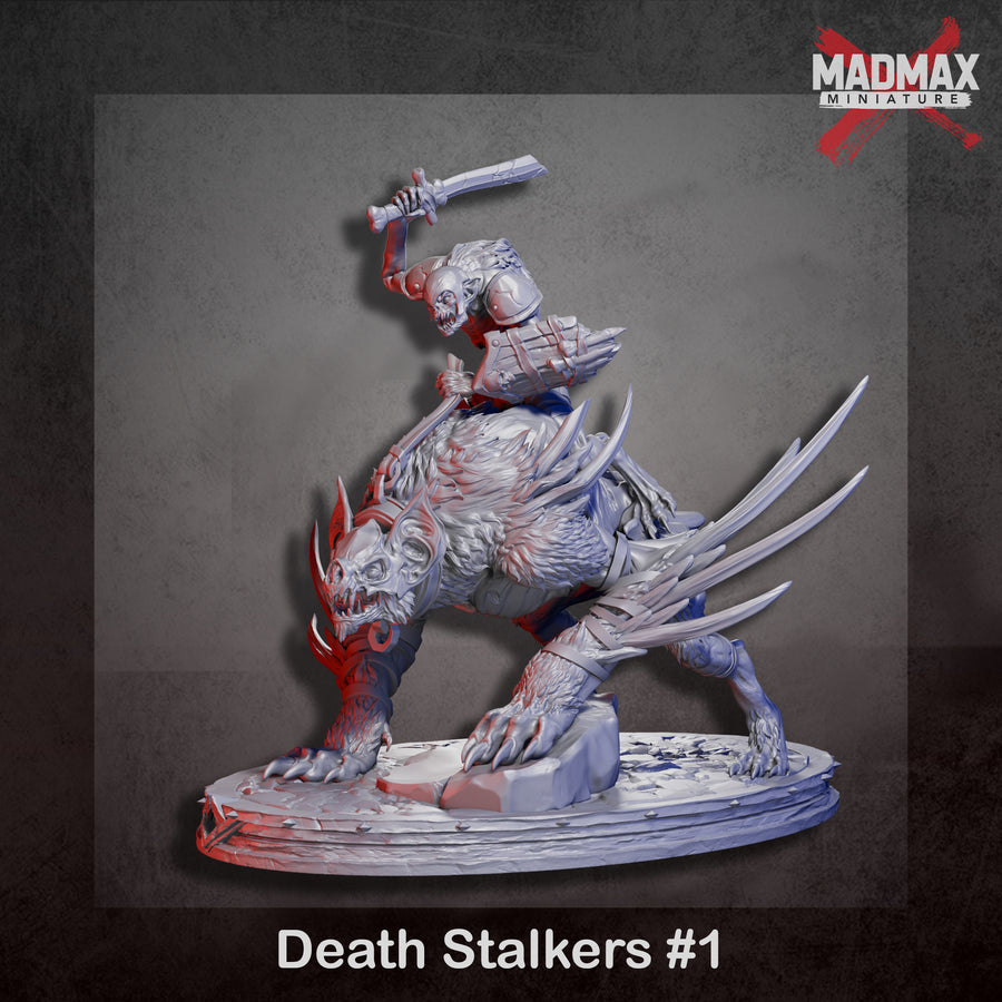 The image is a 3D rendering of a group of Death Stalkers, a fantasy creature with sharp teeth and claws, depicted in a dynamic fighting stance. The image is a 3D rendering of a group of Death Stalkers, a fantasy creature with sharp teeth and claws, depicted in a dynamic fighting stance.