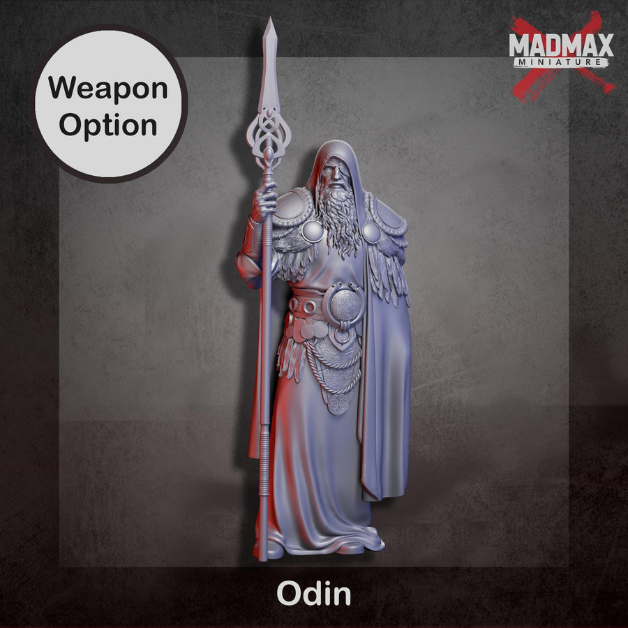 a figure of a bearded man holding a spear, wearing a long robe and a hood. a figure of a bearded man holding a spear, wearing a long robe and a hood.