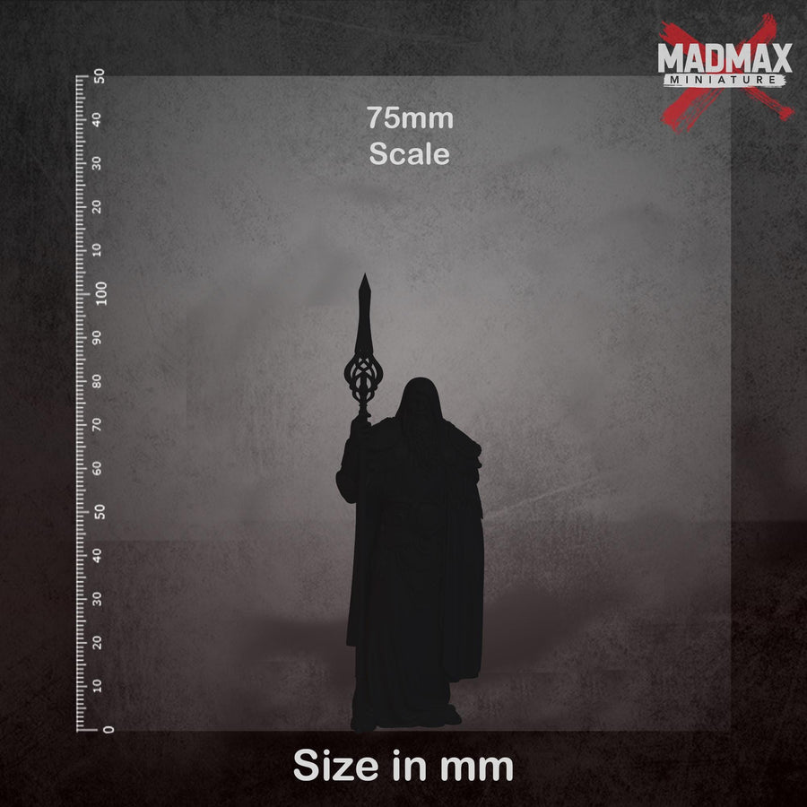 a figure of a bearded man holding a spear, wearing a long robe and a hood. a figure of a bearded man holding a spear, wearing a long robe and a hood.