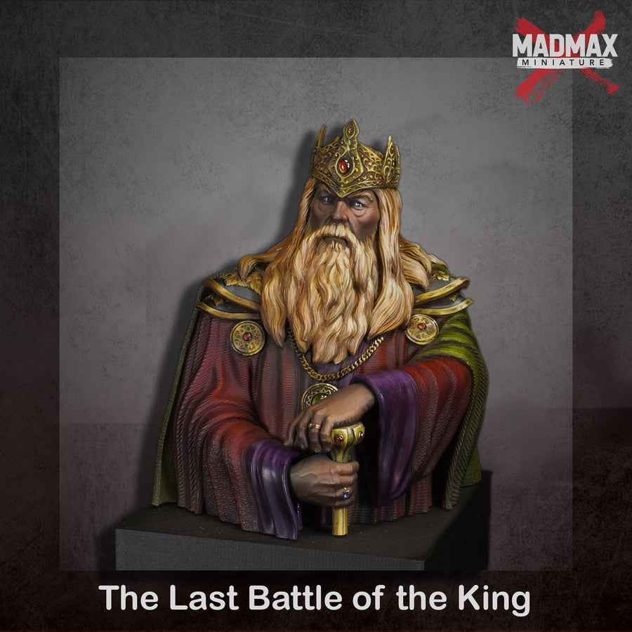 A detailed figurine of a bearded, crowned figure wearing a red and gold robe and holding a sword, representing a king or ruler. A detailed figurine of a bearded, crowned figure wearing a red and gold robe and holding a sword, representing a king or ruler.