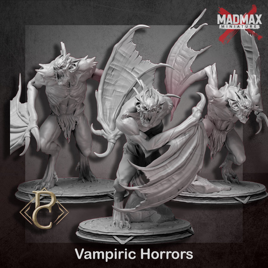 three detailed, winged, and armored creatures resembling vampiric creatures, possibly from the video game MadMAX. three detailed, winged, and armored creatures resembling vampiric creatures, possibly from the video game MadMAX.