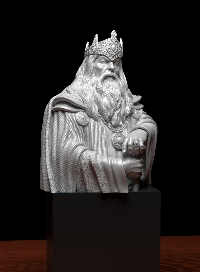 A detailed figurine of a bearded, crowned figure wearing a red and gold robe and holding a sword, representing a king or ruler. A detailed figurine of a bearded, crowned figure wearing a red and gold robe and holding a sword, representing a king or ruler.