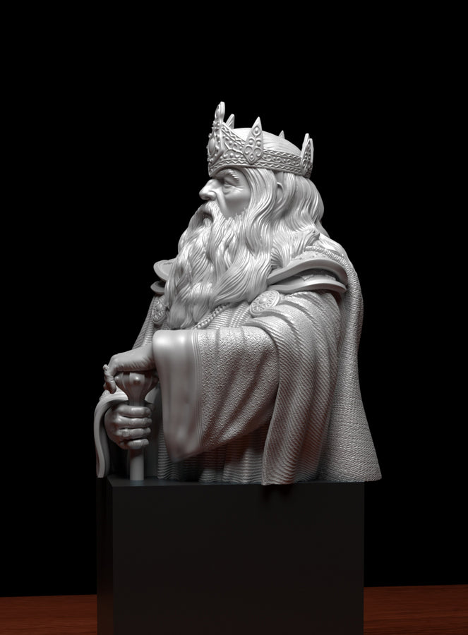 A detailed figurine of a bearded, crowned figure wearing a red and gold robe and holding a sword, representing a king or ruler. A detailed figurine of a bearded, crowned figure wearing a red and gold robe and holding a sword, representing a king or ruler.