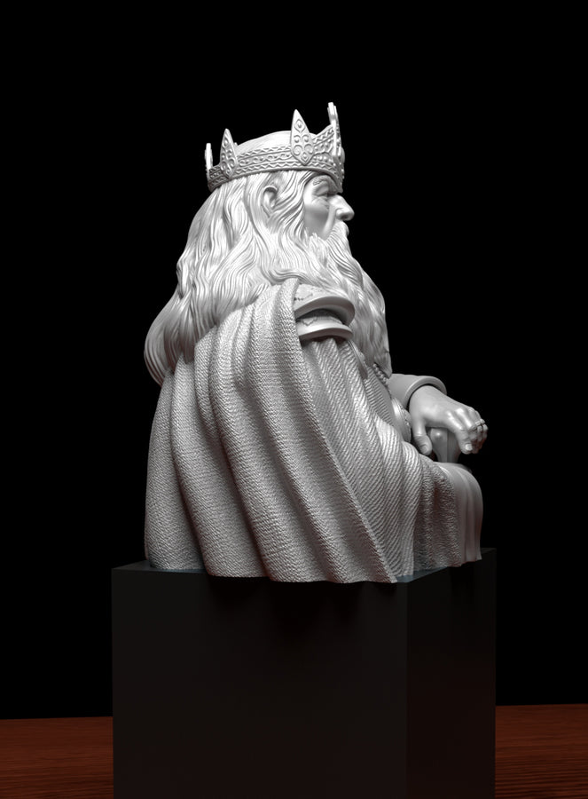 A detailed figurine of a bearded, crowned figure wearing a red and gold robe and holding a sword, representing a king or ruler. A detailed figurine of a bearded, crowned figure wearing a red and gold robe and holding a sword, representing a king or ruler.