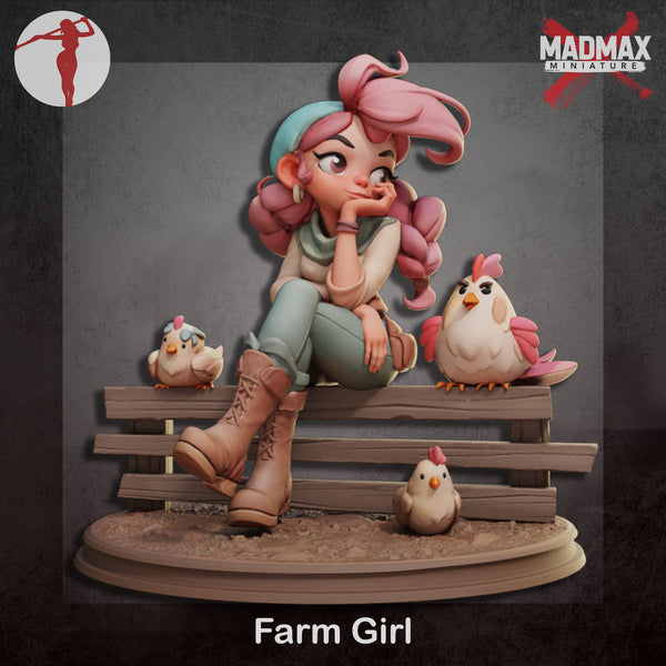 a picture of a girl sitting on a bench with chickens