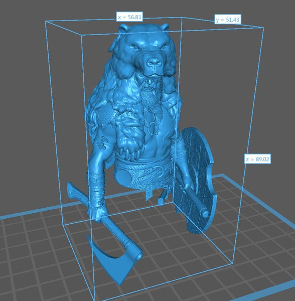 A 3D rendering of a bear-like creature with a shield and a sword, set within a blue cube-shaped structure.