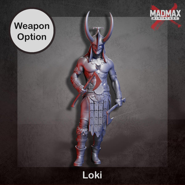 A 3D rendering of a muscular, armored figure with horns, holding a weapon, and wearing a helmet. The figure is identified as "Loki" in the bottom right corner.