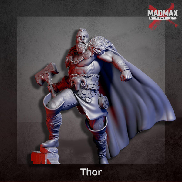 A 3D model of a warrior figure, specifically Thor, holding a hammer and standing in a fighting stance.