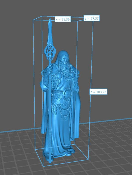 A 3D rendering of a figure holding a spear, with measurements and labels indicating the dimensions and location of the figure within a 3D model.