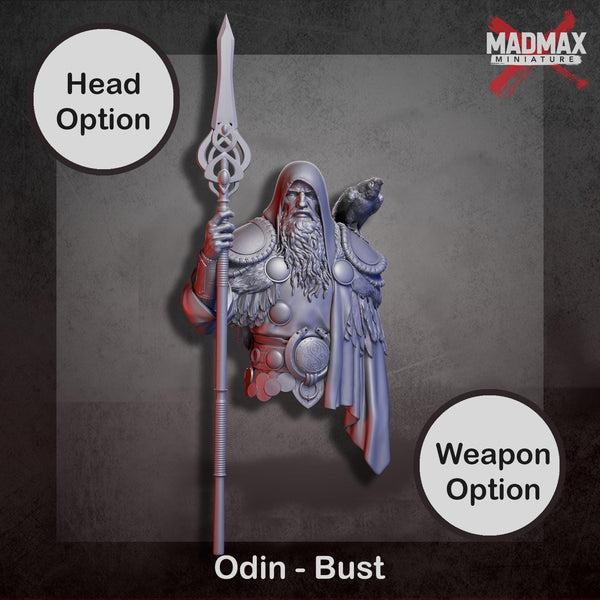 a detailed 3D rendering of a warrior figure, specifically the character known as the "Bust" from the video game "Odin". The figure is holding a spear and a shield, and is wearing a long beard and a hooded cloak. The image is labeled with the "Head Option" and " weapon Option" to indicate the different options available for players to customize their character's appearance and abilities.