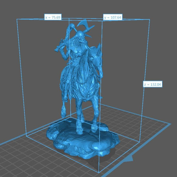 A 3D rendering of a figure on a horse, with measurements and annotations indicating the dimensions and location of the figure within a 3D model.