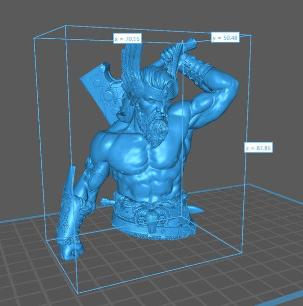 A 3D rendering of a muscular, bearded statue with a sword in its hand, set within a blue cube-shaped frame.