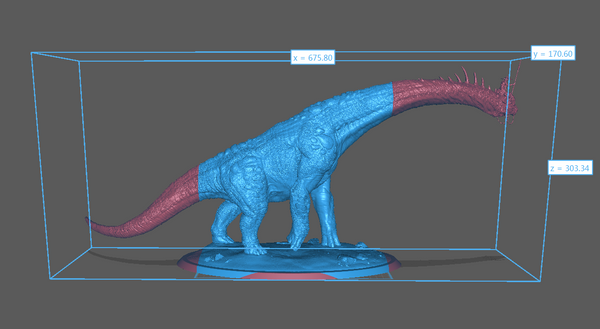 a blue and red model of a dinosaur in a glass case