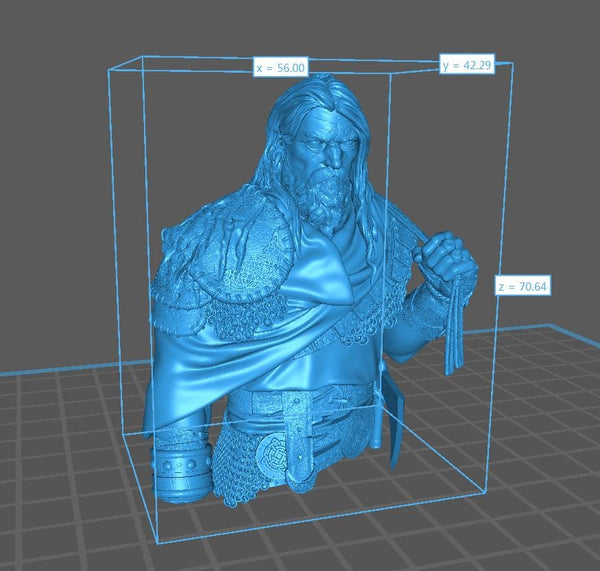 A 3D rendering of a statue of a bearded man wearing a cape, with measurements and labels indicating the dimensions and location of the statue within a 3D model.