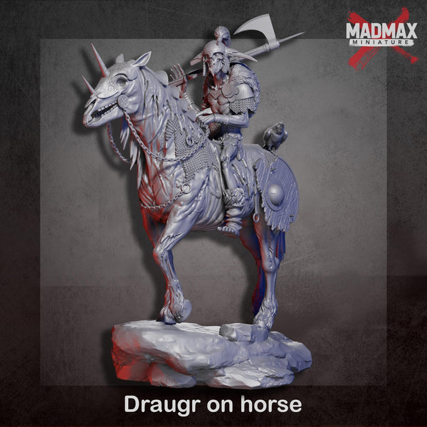 A 3D rendering of a knight on horseback, specifically a draugr on horse, which is a character from the MadMAX Miniatures series.