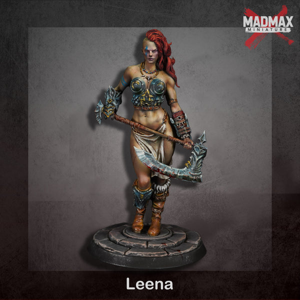 A female warrior figure with red hair and a muscular build, wearing a green and gold outfit and wielding a large weapon, standing on a pedestal.
