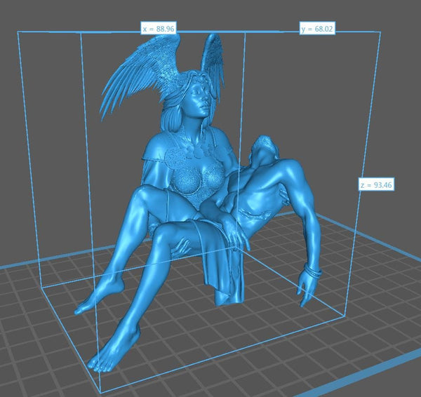 A 3D rendering of a female figure with wings, sitting on a man's lap, within a digital 3D environment.