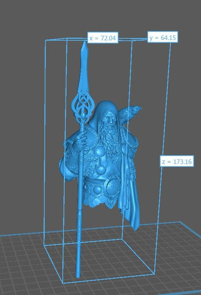A 3D rendering of a blue statue of a figure holding a spear and wearing a headdress, with measurements and labels indicating the dimensions and location of the statue.