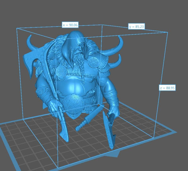 A 3D rendering of a warrior figure holding a shield and sword, with measurements and annotations indicating the dimensions and location of the figure within a 3D model.