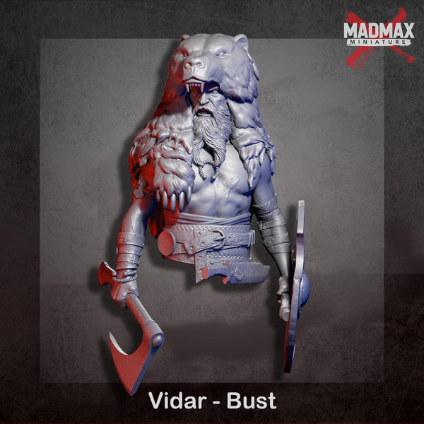 A 3D model of a warrior figure, specifically Vidar - Bust, holding a sword and shield.
